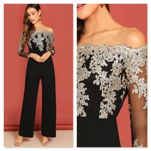 Gold Embroidery on Mesh Black Jumpsuit